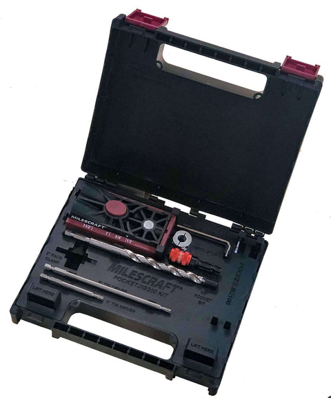 Twin Pocket Hole Jig Kit System 200 for Quick Woodworking Fixes with drill guides and scales in an open black case