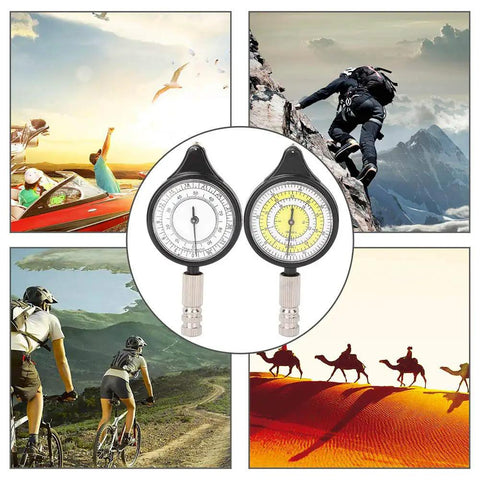 Handy Mini Map Measurer For Hiking And Travel with metal wheel, shown with various outdoor adventure scenes.