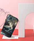 Dragon Boat Viking Themed Womens PU Leather Long Clutch Wallet With Card Holder And Coin Purses displayed elegantly on pink backdrop