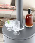 Propane Outdoor Patio Heater 50,000 BTU With Instant Heat, stainless steel top with glassware and bottle for drinks, grey.