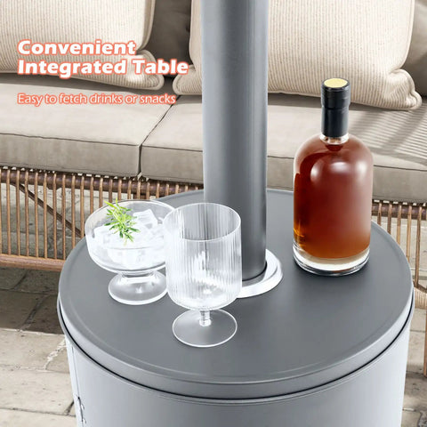 Propane Outdoor Patio Heater 50,000 BTU With Instant Heat, stainless steel top with glassware and bottle for drinks, grey.