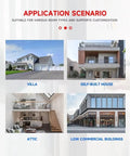 Hassle Free Residential Home Elevator No Pit Or Machine Room For Existing Homes, showcasing application scenarios in villa, self-built house, attic, low commercial buildings.