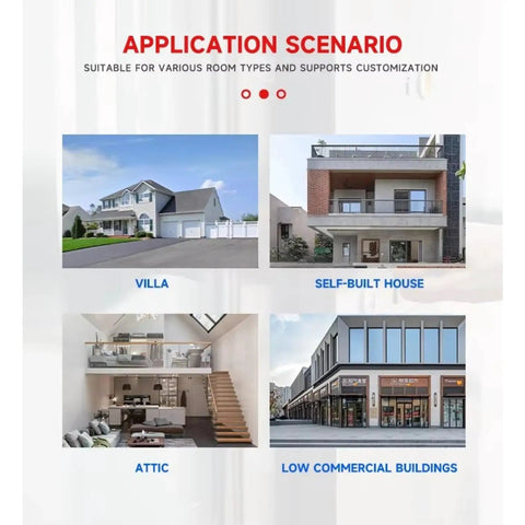 Hassle Free Residential Home Elevator No Pit Or Machine Room For Existing Homes, showcasing application scenarios in villa, self-built house, attic, low commercial buildings.