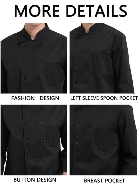 Kick Your Cooking Up With This Slick Long Sleeve Chef Coat Featuring Breezy Breathable Fabric Double Breasted Buttons And A Handy Sleeve Pocket Snag This Solid Black Restaurant Uniform For Intense Kitchen Heat Shift Ready Wear showing close-up details of buttons, pockets, and design.