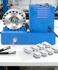 Tough As Nails Electric Hydraulic Hose Crimper With Eight Interchangeable Jaws And Automatic Shut Off Switch Portable 95 Ton Crimping Machine, blue with hoses and tools.