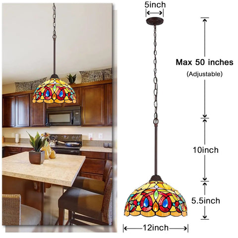 Tiffany Style Stained Glass Pendant Light, 12 Inch Wide Cream Brown Victorian Hanging Lamp With Adjustable Chain over kitchen island.