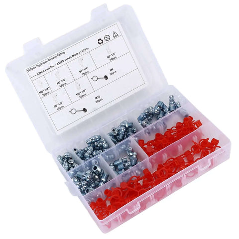 Heavy Beefy 160 Pieces Grease Fitting Kit With Zerk Nipples Incl 45 90 180 Deg Elbows Plus Straight Nuts In Storage Box, open case
