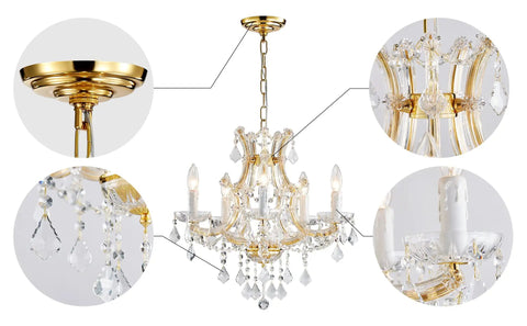 Gold 5 Light Maria Theresa Crystal Chandelier With Adjustable Chain Up To 52 Inches E12 Bulb Ready LED Compatible Modern Luxury Ceiling Fixture