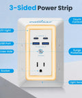 Multi Wall Outlet Surge Protector Plug And Play Setup With Five Adapter Spaced Outlets Four Usb C Fast Charge Ports Soft Night Light Etl Safe White close-up image showing features like USB ports and surge protection.