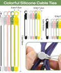Silicone Cable Ties Reusable Elastic Wire Organizer Ties For Charging Cables And Electrical Cords USB Data Cable Management Computer Wires Cord Organizer In 6 Colors And 3 Sizes With Secure Locking, shown in packaging and usage example.