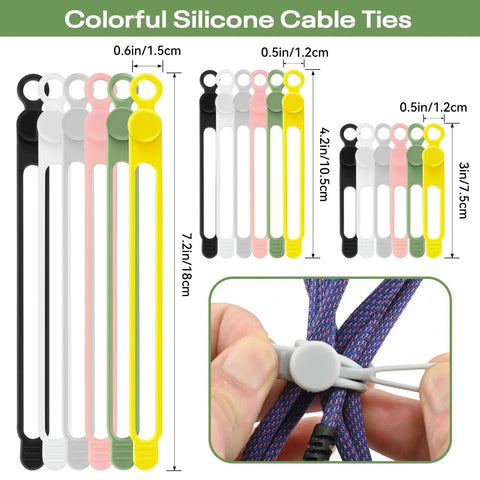 Silicone Cable Ties Reusable Elastic Wire Organizer Ties For Charging Cables And Electrical Cords USB Data Cable Management Computer Wires Cord Organizer In 6 Colors And 3 Sizes With Secure Locking, shown in packaging and usage example.