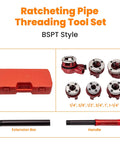 Pipe Threader Kit With 6 Dies 1/4, 3/8, 1/2, 3/4, 1, 1-1/4 Inch Manual Ratcheting Threading Tool Set with red case and handle.