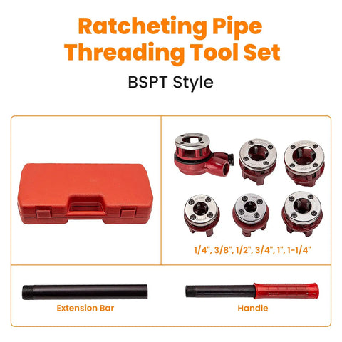 Pipe Threader Kit With 6 Dies 1/4, 3/8, 1/2, 3/4, 1, 1-1/4 Inch Manual Ratcheting Threading Tool Set with red case and handle.