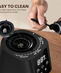Ollygrin Electric Conical Burr Coffee Grinder With 30 Precise Grind Settings showing easy clean removable upper burr and cleaning brush.