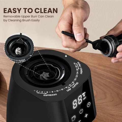 Ollygrin Electric Conical Burr Coffee Grinder With 30 Precise Grind Settings showing easy clean removable upper burr and cleaning brush.