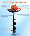 Gas Powered Earth Auger Post Hole Digger With 62cc Two Stroke Engine And 3 Drill Bits 3 Inch 5 Inch And 8 Inch Plus 3 Extension Rods