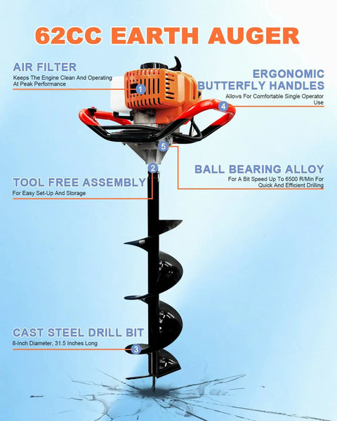 Gas Powered Earth Auger Post Hole Digger With 62cc Two Stroke Engine And 3 Drill Bits 3 Inch 5 Inch And 8 Inch Plus 3 Extension Rods