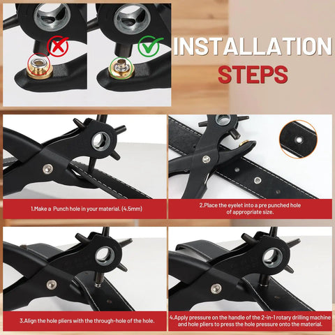 Installation steps for 2 in 1 Leather Hole Punch and Eyelet Setter Tool, showing how to use on belts