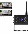 Dead Simple Wireless Backup Camera For Truck RV Trailer With AI Blind Spot Monitoring No Wiring Required Rock Solid 985 FT WiFi Range HD screen display with mounted camera and connected phone.