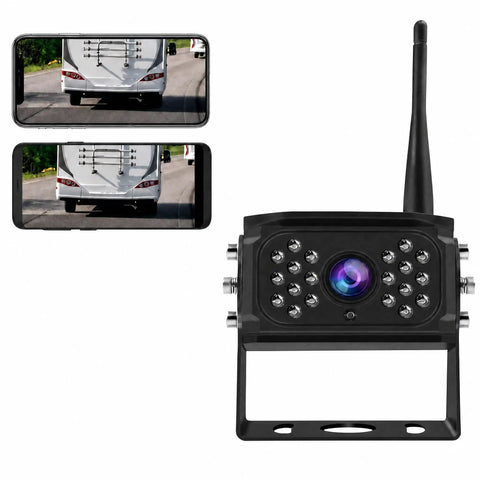 Dead Simple Wireless Backup Camera For Truck RV Trailer With AI Blind Spot Monitoring No Wiring Required Rock Solid 985 FT WiFi Range HD screen display with mounted camera and connected phone.
