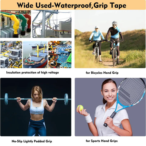 Collage showing uses of Self Fusing Silicone Tape 1 Inch Wide By 16.5 Feet Long, Heavy Duty Leak Proof Waterproof Hose Pipe Repair Tape