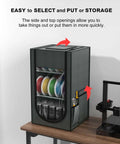 Three Layer Filament Storage Box For 3D Printers Built To Haul Up To 30 Rolls with side and top openings on wooden table