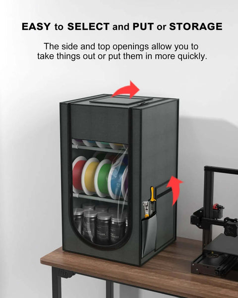 Three Layer Filament Storage Box For 3D Printers Built To Haul Up To 30 Rolls with side and top openings on wooden table