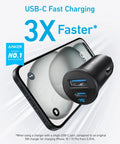 Rapid 30W USB C Car Charger With Dual Ports Type C Power Delivery And PowerIQ 3.0 next to phone displaying fast charging speed.