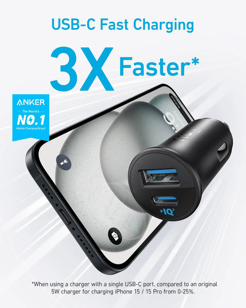 Rapid 30W USB C Car Charger With Dual Ports Type C Power Delivery And PowerIQ 3.0 next to phone displaying fast charging speed.