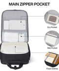 16-inch underseat luggage with wheels, black; interior features main zipper pocket, dry pocket, wet pocket, and fixed clothes area