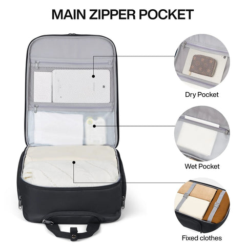 16-inch underseat luggage with wheels, black; interior features main zipper pocket, dry pocket, wet pocket, and fixed clothes area