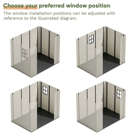 Four perspectives of a 8x6 Ft Plastic Outdoor Storage Shed With Floor Lockable Door And Window Beige Resin Backyard Shed For Tools