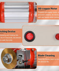 Metal Cutting Machine 110V 120W 2in1 Manual And Automatic features motor, switch, and blade details.