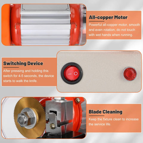 Metal Cutting Machine 110V 120W 2in1 Manual And Automatic features motor, switch, and blade details.
