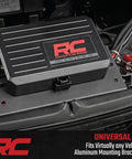 Eight Gang Bluetooth RGB Backlit Switch Panel and Relay System with Swivel Mount in vehicle, aluminum brackets visible