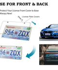 Crystal Clear License Plate Cover Set With Unbreakable Frame mounted on blue car with visible Washington license plate.