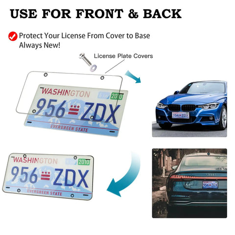 Crystal Clear License Plate Cover Set With Unbreakable Frame mounted on blue car with visible Washington license plate.