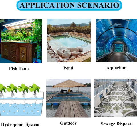 Application scenarios for Six Pack Large 4 By 2 Inch Round Air Stones For Aquarium And Hydroponics in various environments.