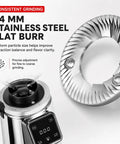 Top Tier Commercial Espresso Grinder Featuring 64Mm Stainless Steel Flat Burrs Timed Dosing Button Bright Digital Display Rugged Silver Build Shot Ready Grind Consistency close-up of 64mm burrs and digital controls.