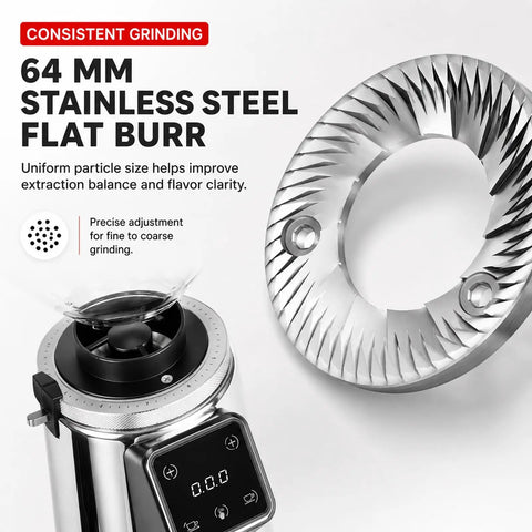 Electric Coffee Bean Grinder With 64mm Flat Burr And Digital Timer showing shiny 64mm stainless steel burr for uniform grinding.