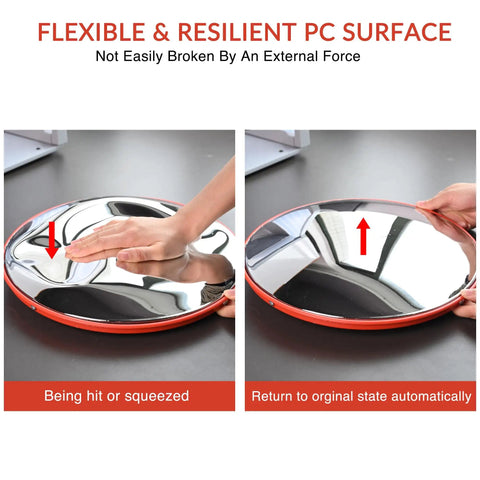 12 Inch Convex Safety Traffic Mirror Boasts Crisp Fisheye Vision For Rock Solid Garage Parking Assist Plus Driveway Blind Spot Wipeout Designed For Outdoor Indoor Install To Crush Hazards In Stores Or Tight Alleyways showing resilient PC surface being hit and returning to original state.