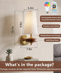 Stepeak Vintage Gold Wireless Wall Sconces Battery Operated dimensions on wall, showing fabric shade and walnut wood accents.