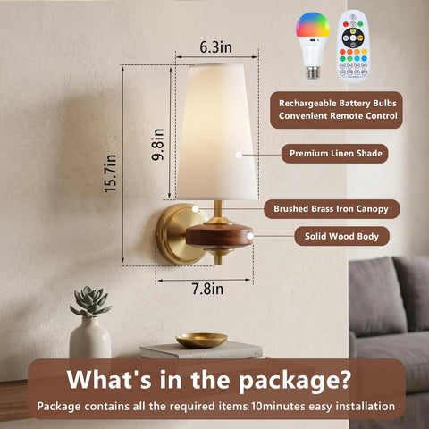 Stepeak Vintage Gold Wireless Wall Sconces Battery Operated dimensions on wall, showing fabric shade and walnut wood accents.
