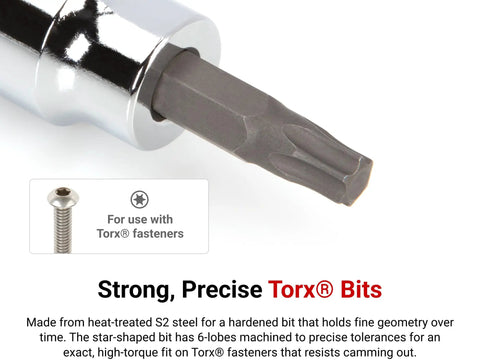 Beefy 3/8 Inch Drive T30 Torx Bit Socket With S2 Steel Bit Press-Fit for a permanent slippage-free connection, close-up view