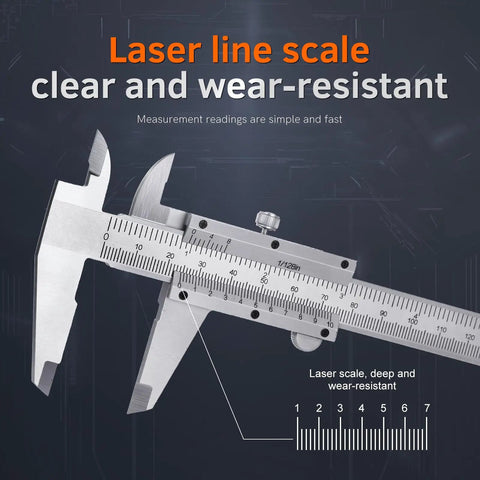 Six Inch Vernier Caliper Measuring Tool With Dual Imperial And Metric Scale, Fractional Inch Readout, laser scale detail
