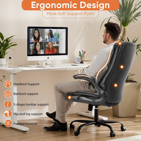 Man sitting on ergonomic high back gaming chair with smooth wheels, showing headrest and lumbar support features at office desk.