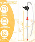 Built Like A Tank Heavy Duty Manual Drum Pump For Quick Slip Free Transfer Of Motor Oil Heating Fluid And Transmission Fluid Fits 15 To 55 Gallon Barrels, showing specifications and dimensions.