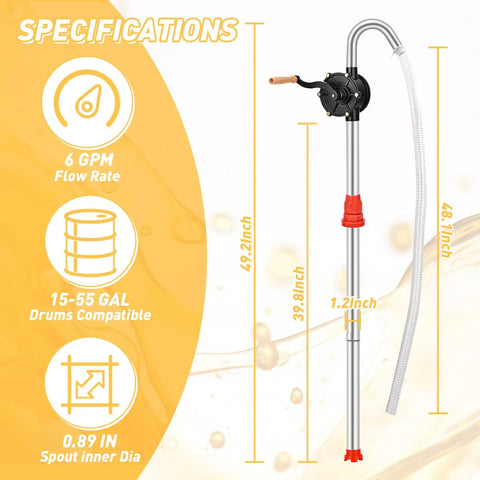 Built Like A Tank Heavy Duty Manual Drum Pump For Quick Slip Free Transfer Of Motor Oil Heating Fluid And Transmission Fluid Fits 15 To 55 Gallon Barrels, showing specifications and dimensions.