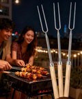 People using Stainless Steel BBQ Forks For Grilling And Camping, Heavy Duty Forks With Heat Resistant Handle For Outdoor Barbecue