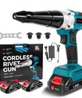 Onevan Cordless Electric Rivet Gun With Two 20 Volt Batteries And Fast Charger Brushless Motor for easy fastening of aluminum and stainless steel.
